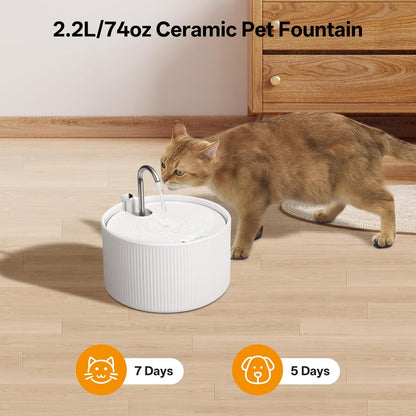 Ceramic Cat Water Fountain, 2.2L/ 74oz Pet Water Fountain, Drinking Fountains Bowl for Cats and Dogs with Replacement Filter and Foam (White)