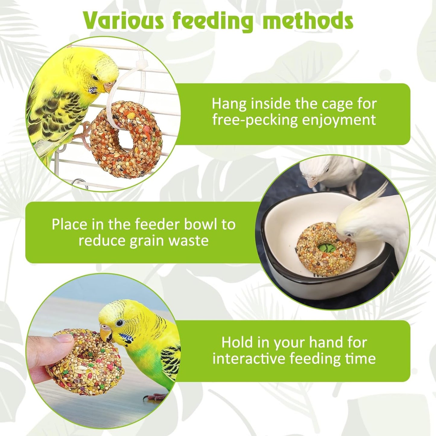 kathson Parakeet Treats, 8 Pcs Donut Shaped Bird Snacks, Grain Fruits Vegetables Herbs Mixed Parrot Treats, Natural Cockatiel Food for Conure Budgie Canary Chewing