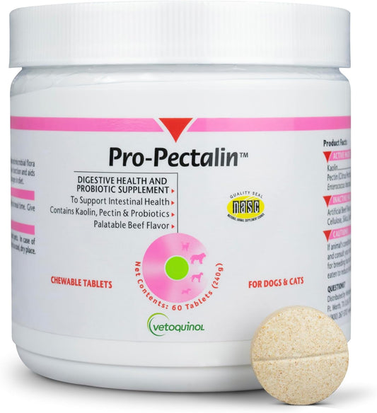 Vetoquinol Pro-Pectalin Chewable Tablets for Dogs & Cats, Helps Relieve Occasional Diarrhea, Situational Diarrhea Relief with Kaolin and Pectin, Contains Beneficial Probiotic Bacteria, 60ct