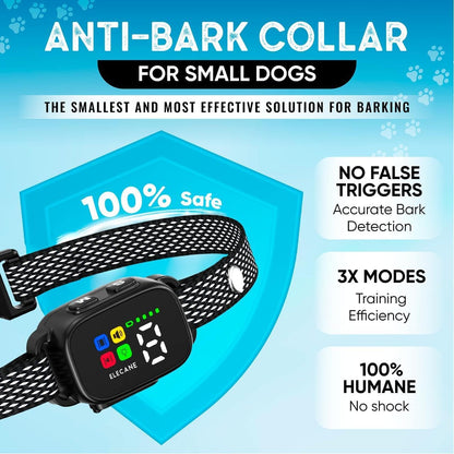 Tiny Bark Collar for Small Dogs 5-15 lbs and Puppies - No Shock Anti Barking Collar - Rechargeable Smart Collar for Dog Training with 7 Sensitivity Levels and 3 Beep&Vibration Modes (Black)