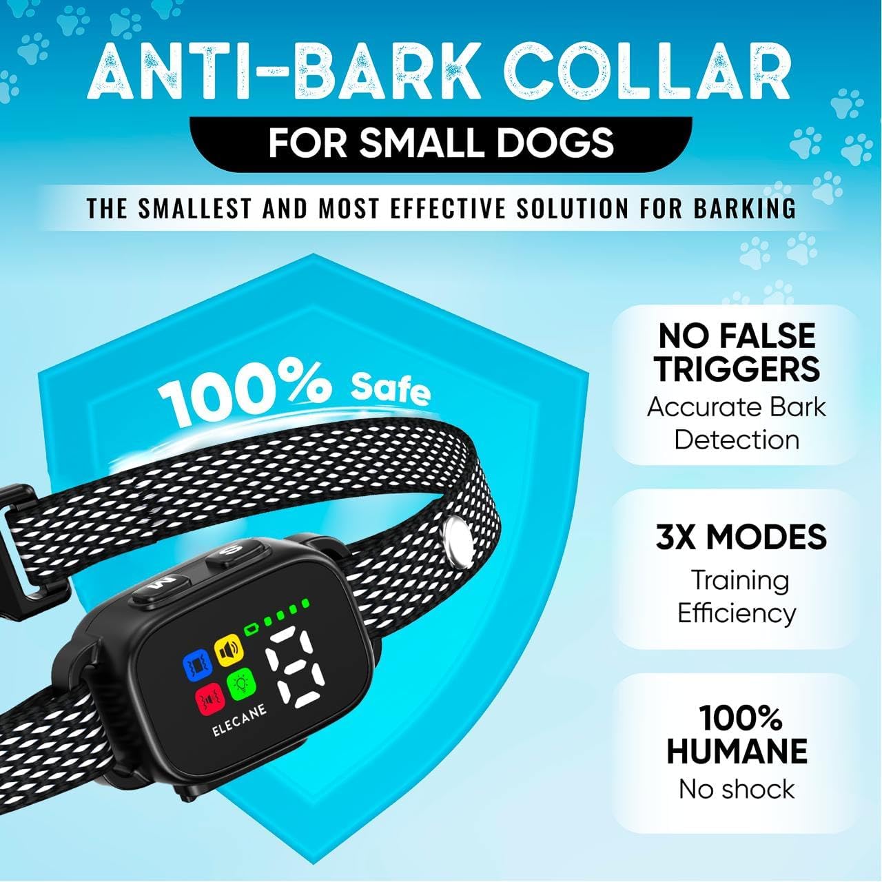 Tiny Bark Collar for Small Dogs 5-15 lbs and Puppies - No Shock Anti Barking Collar - Rechargeable Smart Collar for Dog Training with 7 Sensitivity Levels and 3 Beep&Vibration Modes (Black)