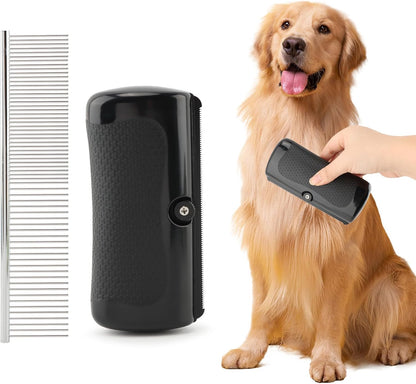Deshedding Dog Brush Pets Shedding & Grooming Tools with 1 Steel Comb Pet Hair Removal Tool for Cats, Dogs, Horses(Color:Black)