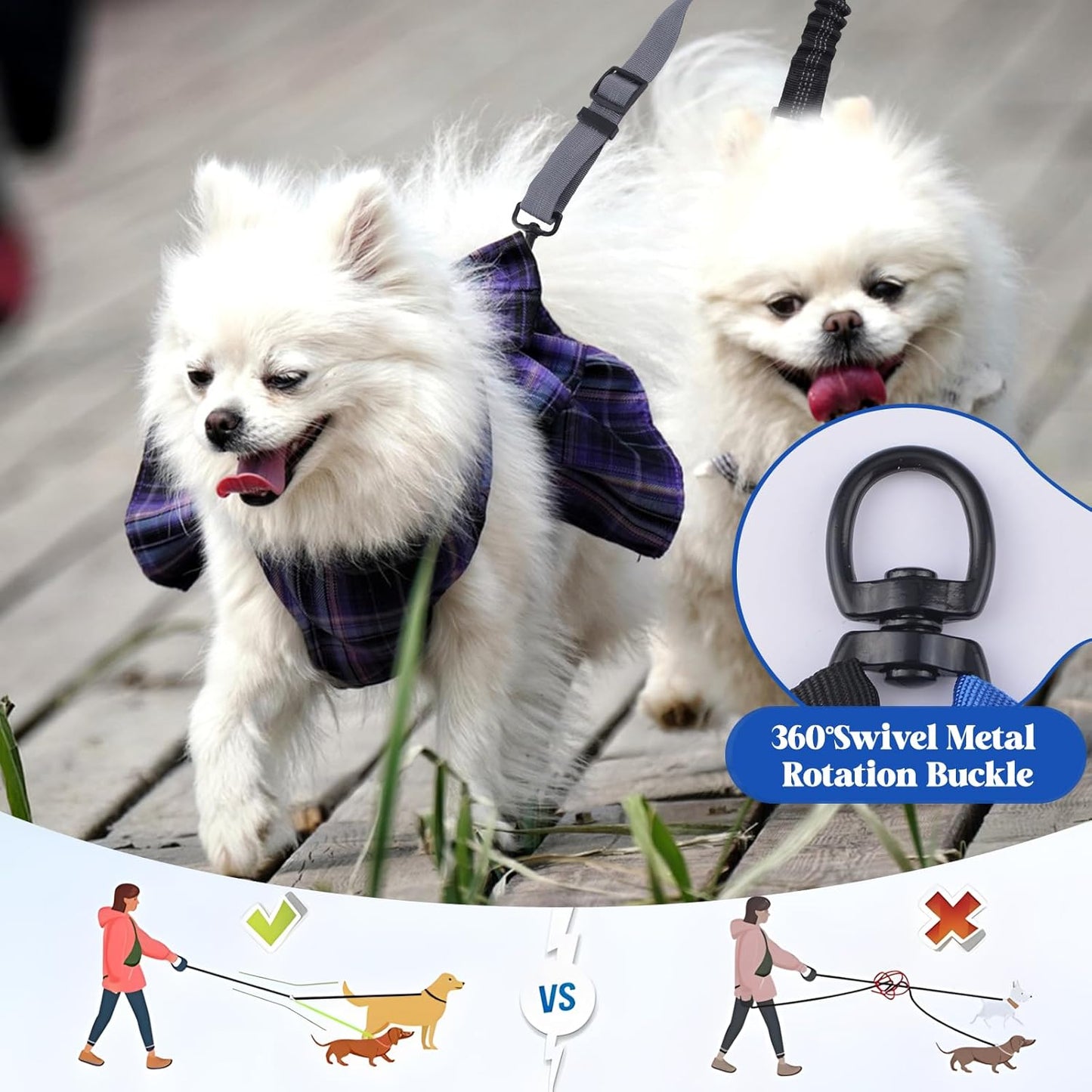Double Dog Leash Coupler-360°Swivel,2 PCS No Tangle Walking Leash with Shock Absorbing Bungee for Outdoor Walk Train Small Medium Pet(Grey,Blue)