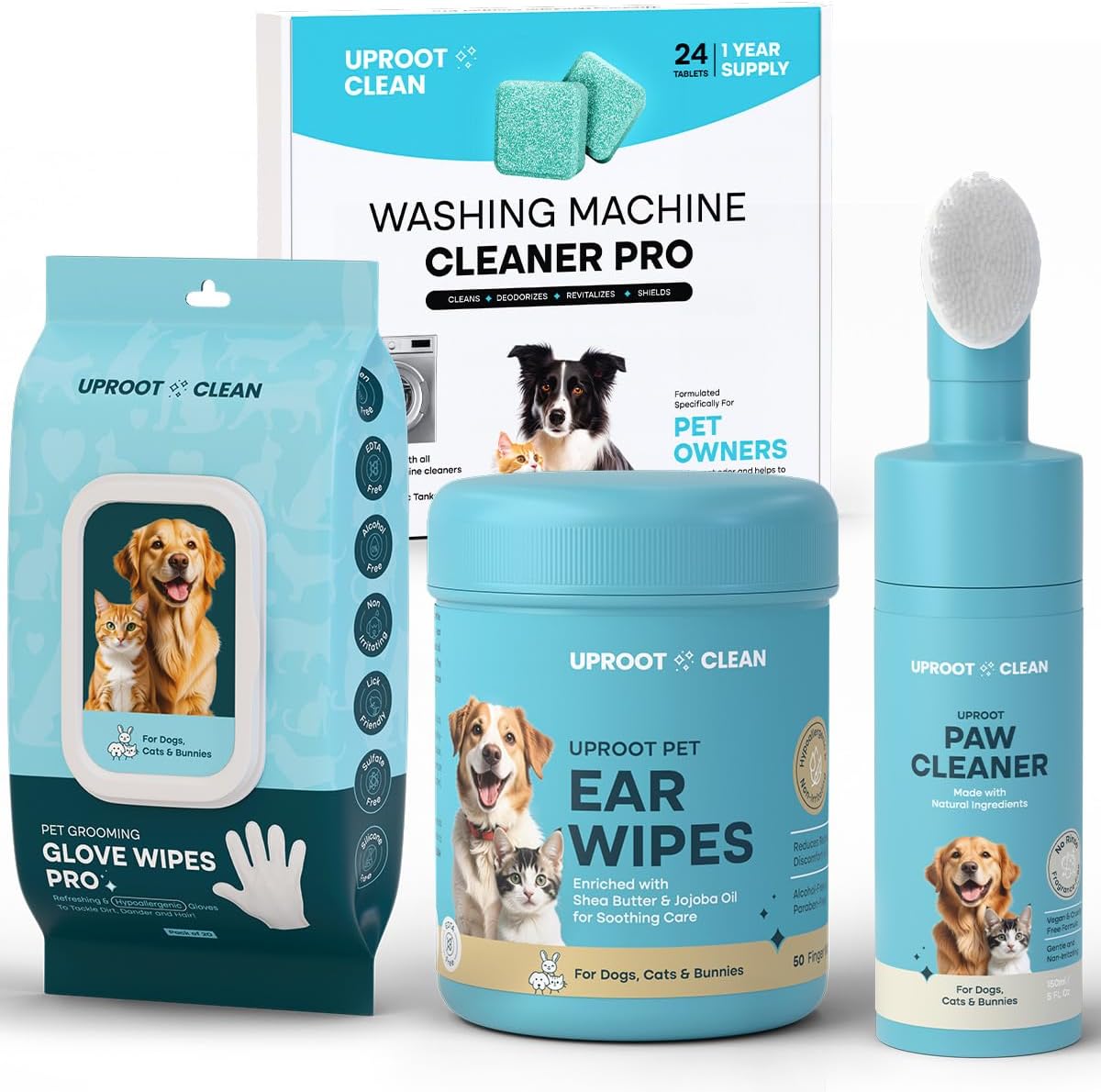 Uproot Clean Pet Hygiene Bundle: Finger-Style Cat Ear Wipes, Dog Paw Cleaner Brush & Foam, Washing Machine Cleaner Tablets, & QuickClean Gloves Pro Wipes - Mess-Free, Easy, Disposable