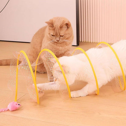 Andiker Cat Tunnel Toy, 10inch Collapsible Metal Cat Spring Toy with Nylon Mesh, Feather, Mouse, and Bell, Interactive Cat Toys for Indoor Cats to Scratch, Puzzle, Relax and Kill Time (Mouse)