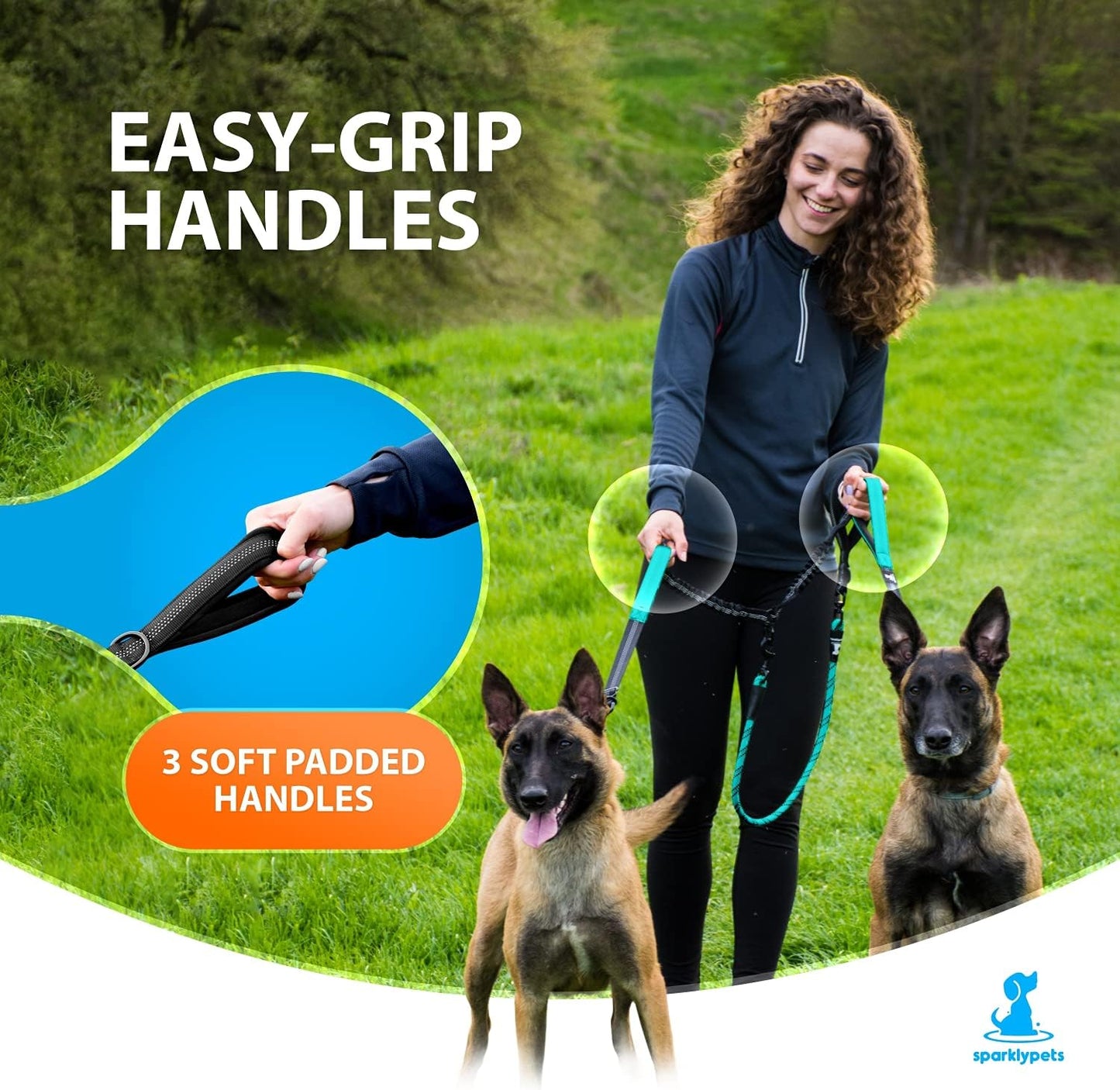 SparklyPets Double Dog Leash for 2 Dogs – Rope Bungee Dual Leash for Medium and Large Breeds with Padded Handles & Tangle Free (Teal, Medium/Large)