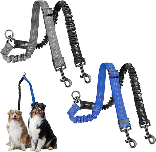 Double Dog Leash Coupler-360°Swivel,2 PCS No Tangle Walking Leash with Shock Absorbing Bungee for Outdoor Walk Train Small Medium Pet(Grey,Blue)