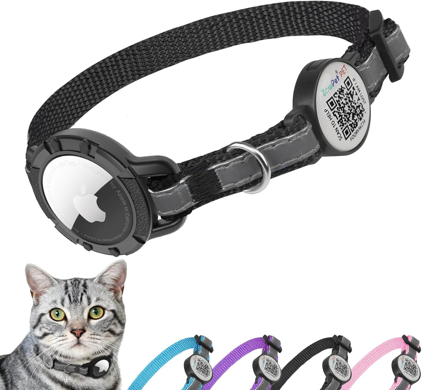 Airtag Cat Collar Breakaway with QR Code Name Tag, Reflective cat Collar airtag Holder with Bell, Cat ID Tag Personalized, Ultra-Durable, Adjustable, Quick Release, Fits Small Large Cats, Black