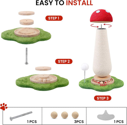 Cat Scratching Post,Mushroom Cat Scratcher with Sisal Scratching Poles with Interactive Toy Ball,Indoor Cat Toy