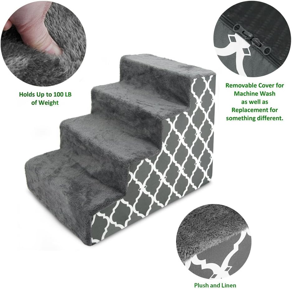 Best Pet Supplies Dog Stairs for Small Dogs & Cats, Foam Pet Steps Portable Ramp for Couch Sofa and High Bed Non-Slip Balanced Indoor Step Support, Paw Safe No Assembly - Gray Lattice Print, 4-Step