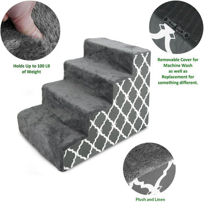 Best Pet Supplies Dog Stairs for Small Dogs & Cats, Foam Pet Steps Portable Ramp for Couch Sofa and High Bed Non-Slip Balanced Indoor Step Support, Paw Safe No Assembly - Gray Lattice Print, 4-Step