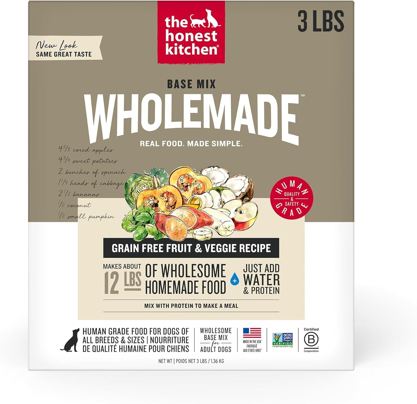 The Honest Kitchen Wholemade™ Dehydrated Grain Free Fruit & Veggie Base Mix Dog Food (Just Add Protein), 3 lb Box