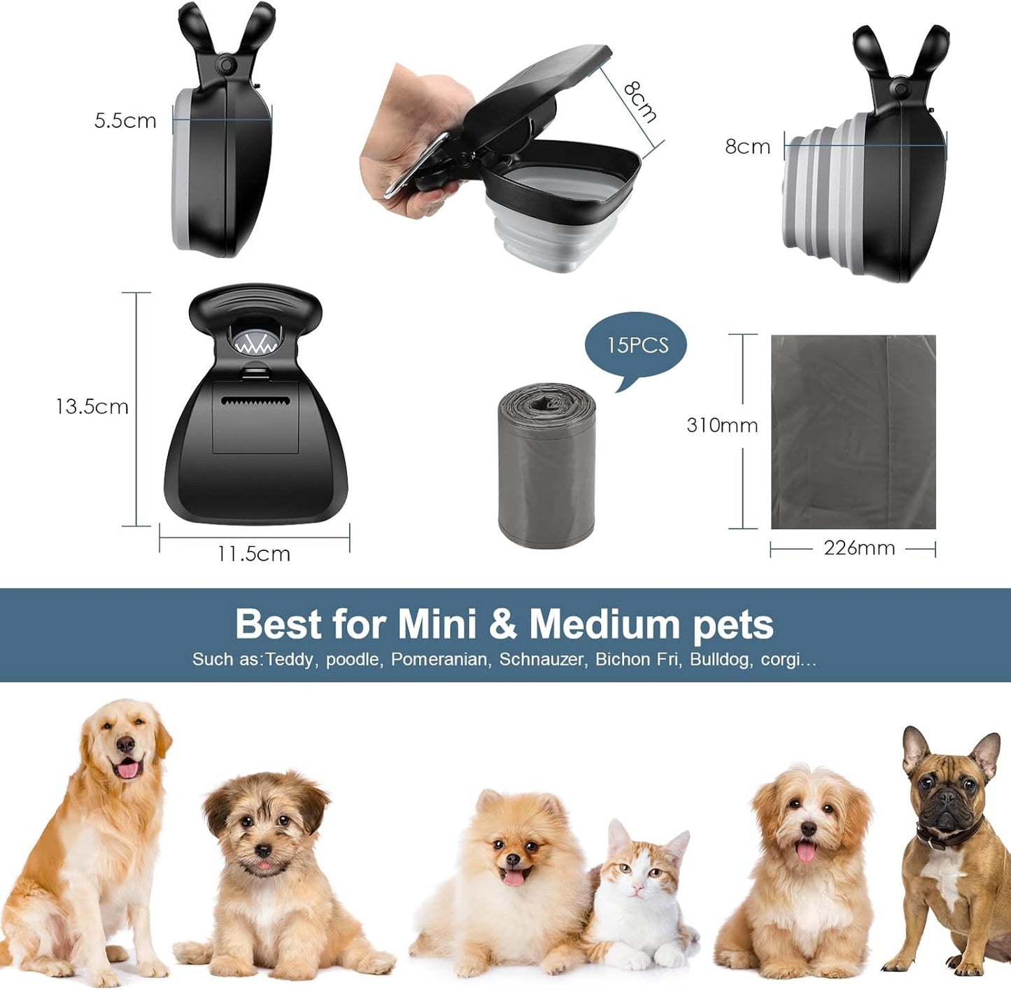 Pooper Scooper, Expandable Pet Poop Picker, Portable Dog Pooper Scooper for Small and Large Dogs, Waste Bag Storage Compartment, 6 Roll of Trash Bag