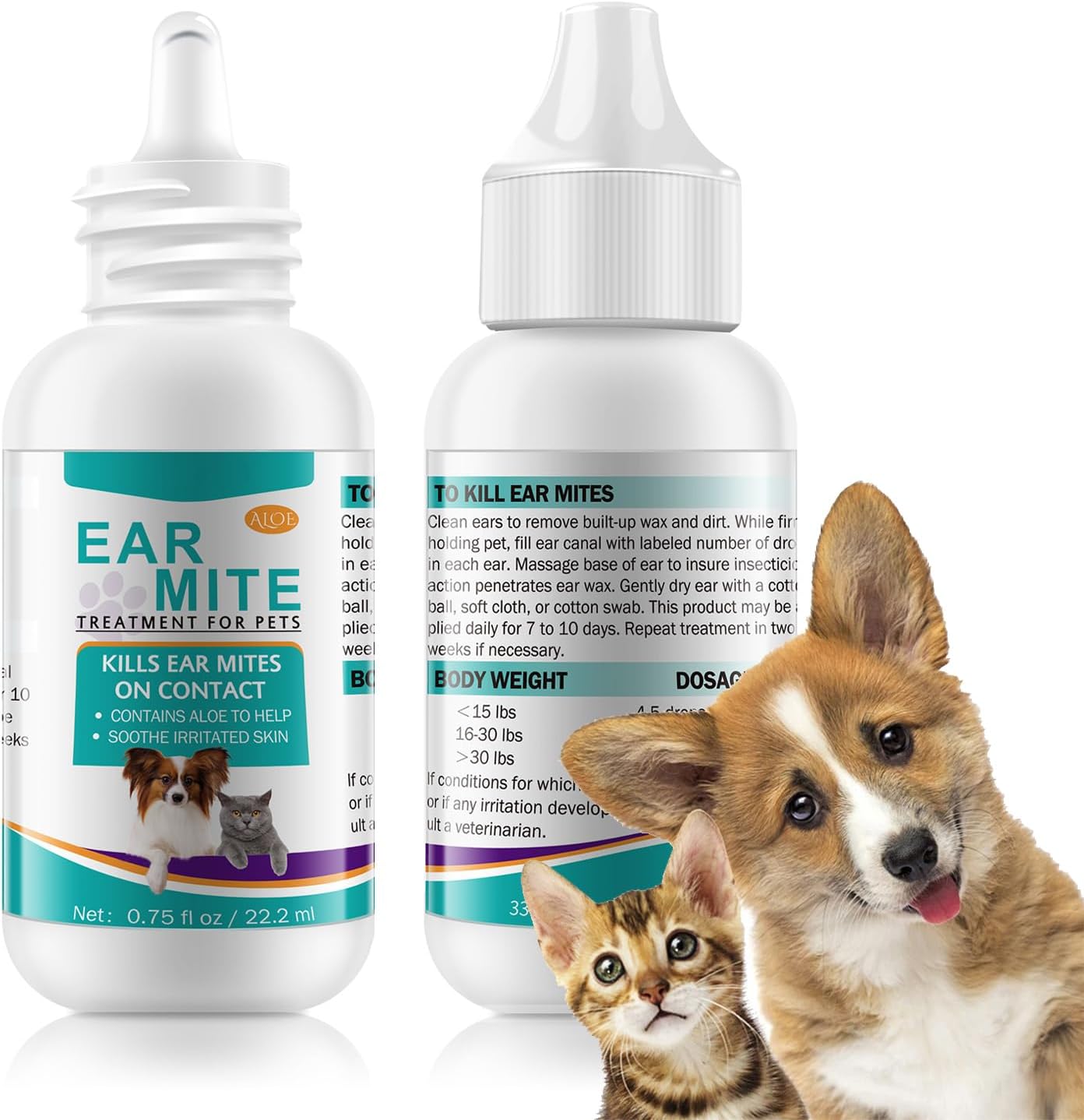 Ear Drops for Dogs & Cats - Cat Ear Treatment with Aloe Vera, Soothes Itching, Vet-Recommended Formula for Pets Ear Cleaning, Fast-Acting