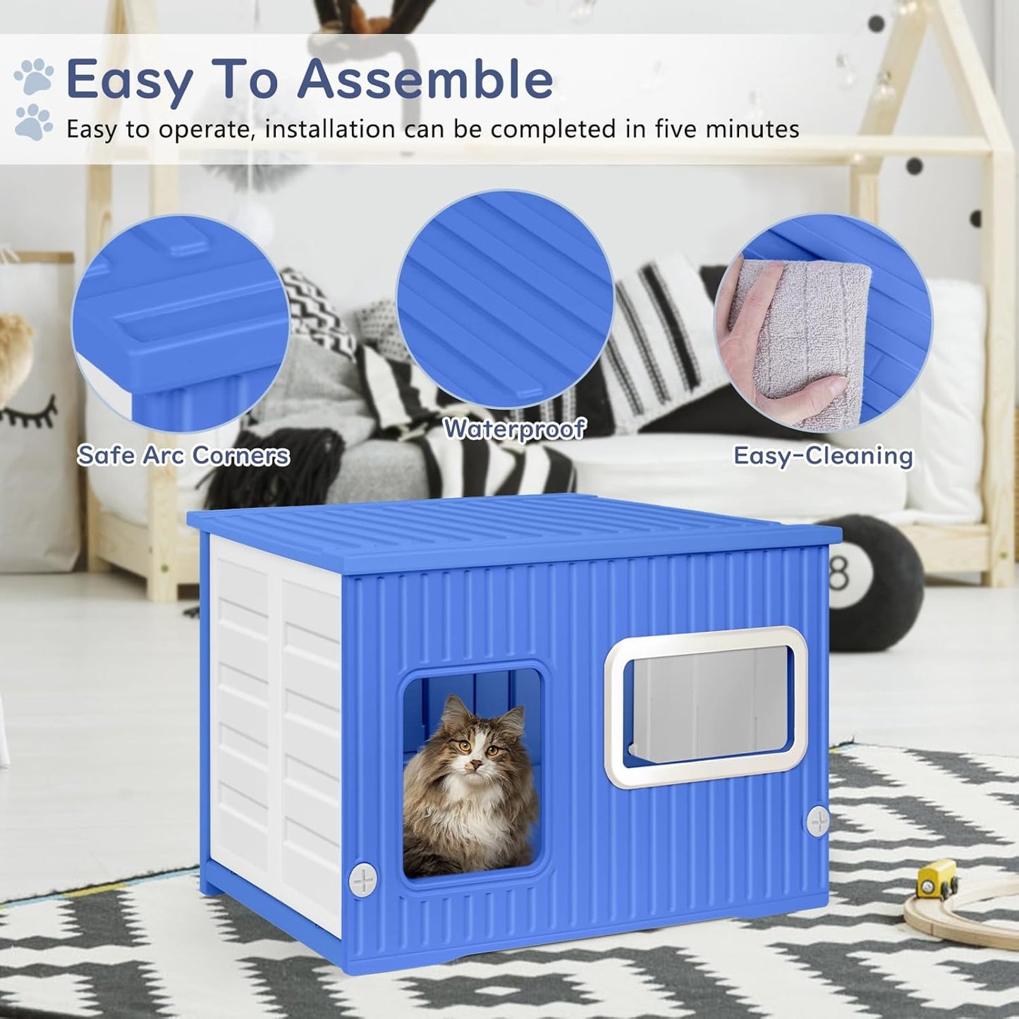 Cat House for Outdoor Indoor Use, Stackable Feral Cat Shelter Indoor Cat House Weatherproof Waterproof Elevated, with 2-Sided Cushion (Blue White)