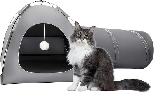 AIXINPET Cat Tent Tunnel, Collapsible Cat Play House with Tunnel for Kittens and Small Pets,with Toy Balls, Anti-Scratch Fabric,Cat Tunnel Bed & Cats Bed Cave for Indoor and Outdoor Cats (Gray)
