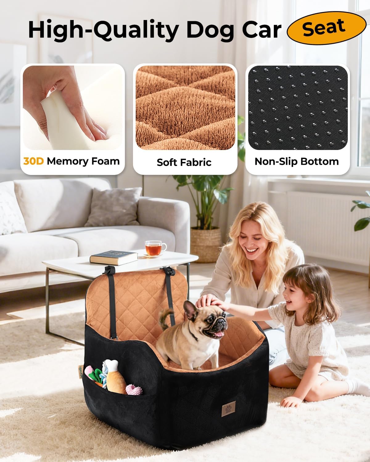 Dog Car Seat for Small/Medium Dogs, Detachable Washable Dog Booster Seat Under 35lbs, High-Support Memory Foam,Travel Bed with Storage Pockets