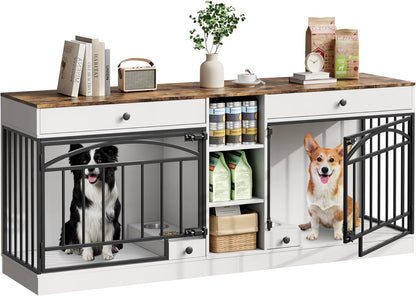 GarveeHome Dog Crate Furniture for 2 Dogs, Dog Kennel Indoor with Storage and Feeding Bowls, Double Dog Crate TV Stand for Small Medium Dogs, White