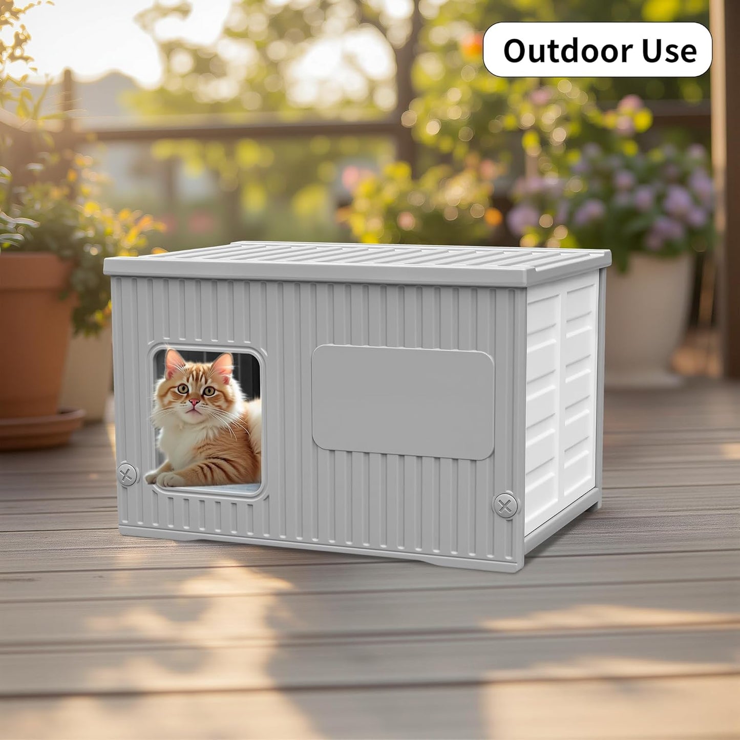 Waterproof Outdoor Cat House with Soft Mat, Plastic Cat Houses for Outdoor Cats Feral Cat House, Sturdy Cat Bed for Small Pet, Spacious, Assemble Easily-Grey