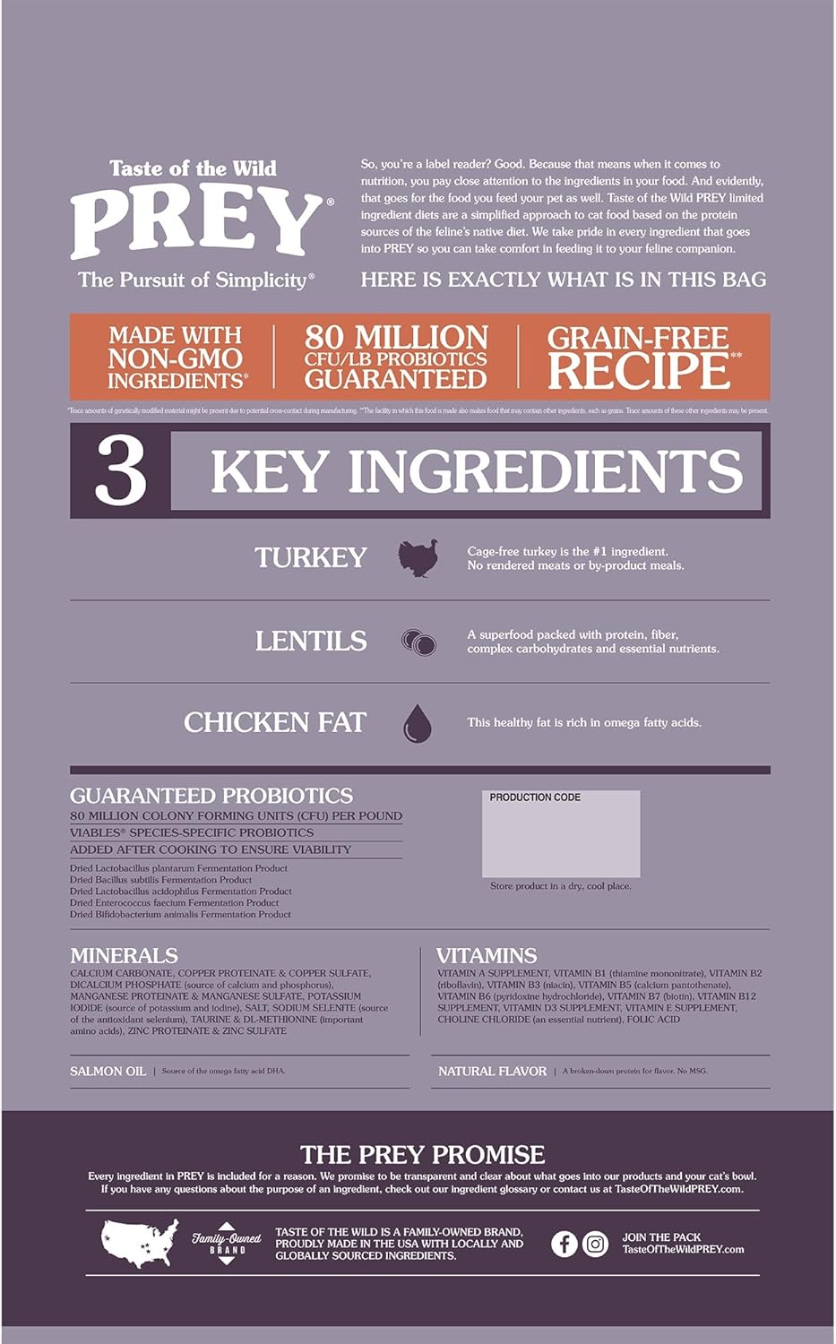 Taste of the Wild PREY Real Meat High Protein Turkey Limited Ingredient Dry Cat Food Grain-Free Recipe Made with Real Cage-Free Turkey, and Includes Probiotics for All Life Stages 6lb