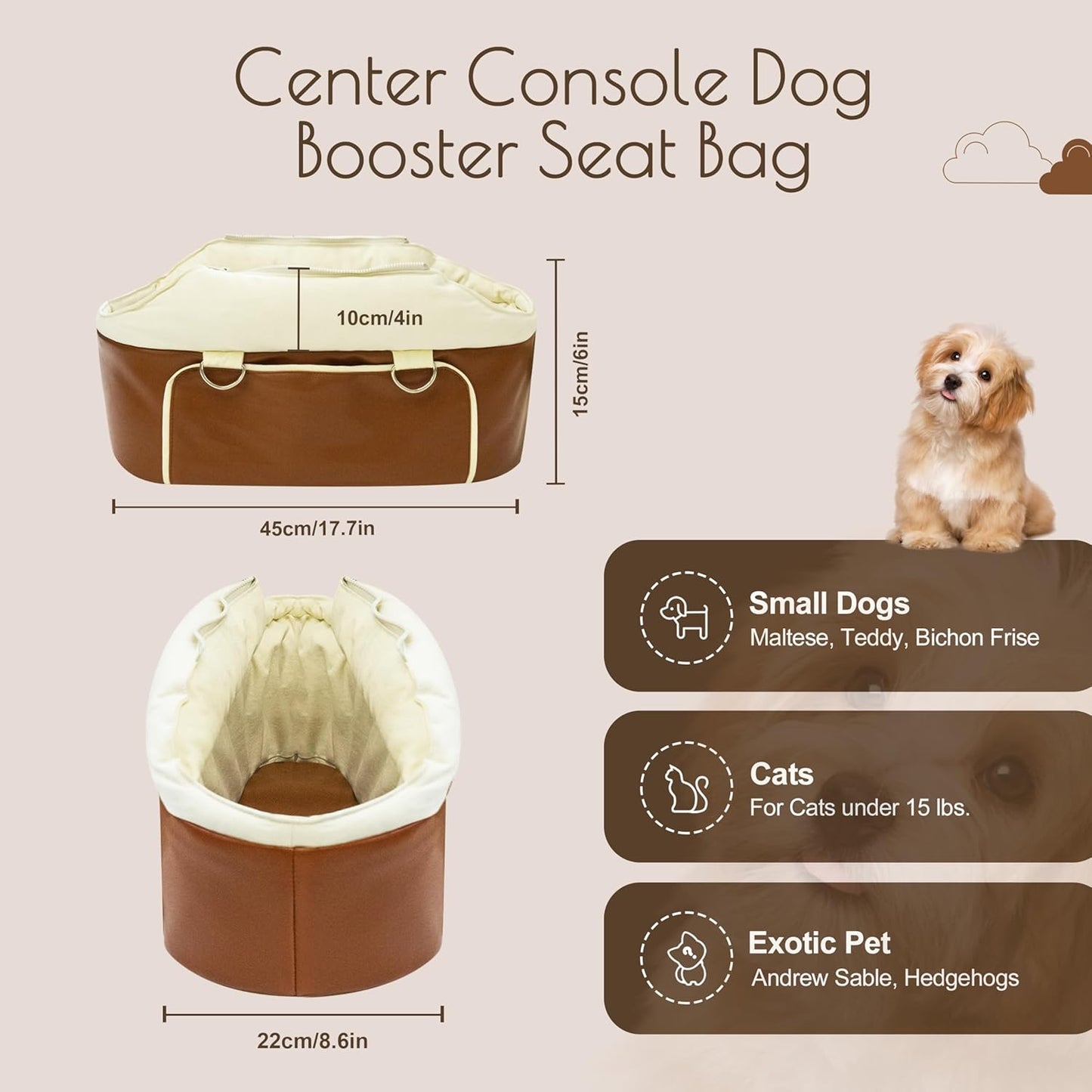 Dog Car Seat for Small Dogs, Washable Dogs Bed with Non-Slip Base, Waterproof Dog Booster Seat for Car with Storage Pockets, Pet Carseat Puppy Travel Carrier Bed (Brown)