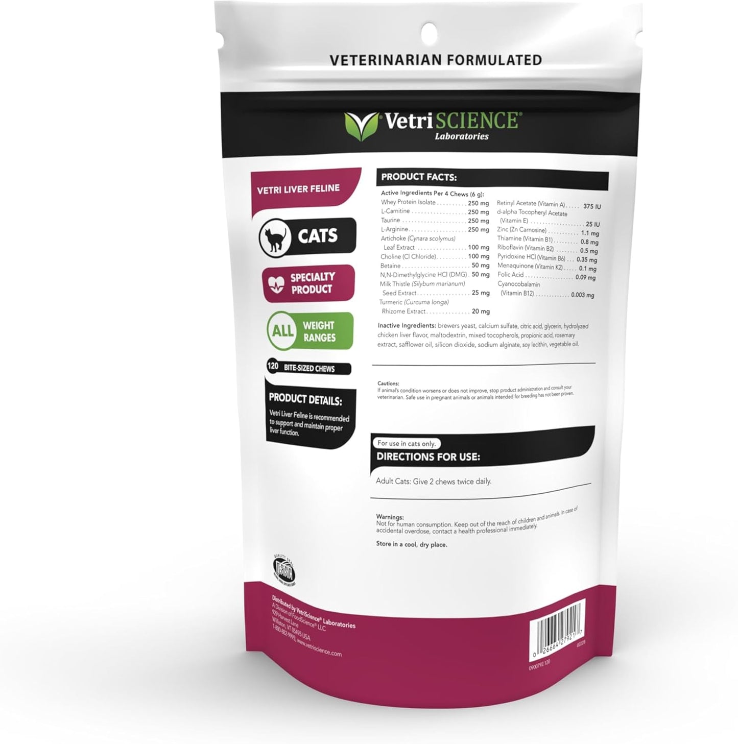 VetriScience Liver Health Chews, Vetri Liver Herbal Detox Supplement for Cats, Milk Thistle, Turmeric and Taurine Chicken, 120 Count