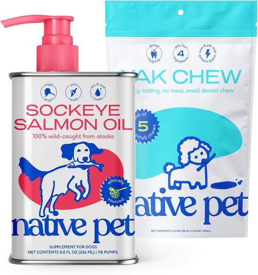 Native Pet Sockeye Salmon Oil for Dogs and Cats (8 Oz.) & Yak Chews (5 Small Chews) - All Natural Dental Sticks Made with Yak Cheese & Pure Omega-3 Fish Oil Promotes Healthy Skin & Shiny Coat