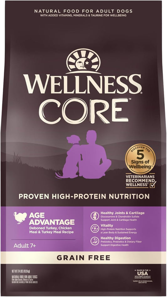 Wellness CORE Senior Dry Dog Food, Grain-Free, High Protein, Natural, Age Advantage Turkey & Chicken Recipe, (24-Pound Bag)