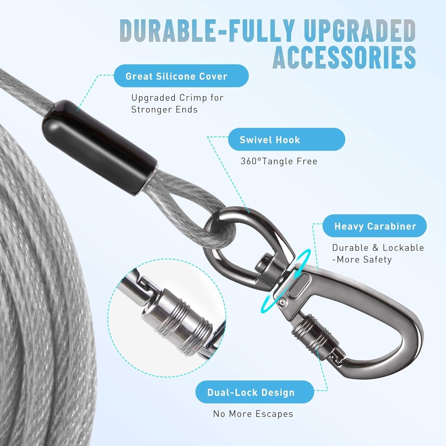 Tie Out Cable for Dogs Heavy Duty, 10/15/20/25/30/50FT Long Leash Chew Proof, Tangle-Free Dog Lead with Swivel Hook & 360° Smooth Rotating, Dog Runner for Yard, Outside, Camping-Up to 400 pounds