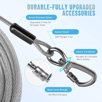 Tie Out Cable for Dogs Heavy Duty, 10/15/20/25/30/50FT Long Leash Chew Proof, Tangle-Free Dog Lead with Swivel Hook & 360° Smooth Rotating, Dog Runner for Yard, Outside, Camping-Up to 400 pounds