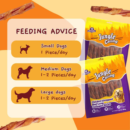 Jungle Calling Beef Collagen Sticks, Long Lasting Dog Chews, Chicken Wrapped Treats, Rawhide Alternative for Small Medium Large Dogs, Dental Health, Beef Lung Flavored Bones,14.1 oz