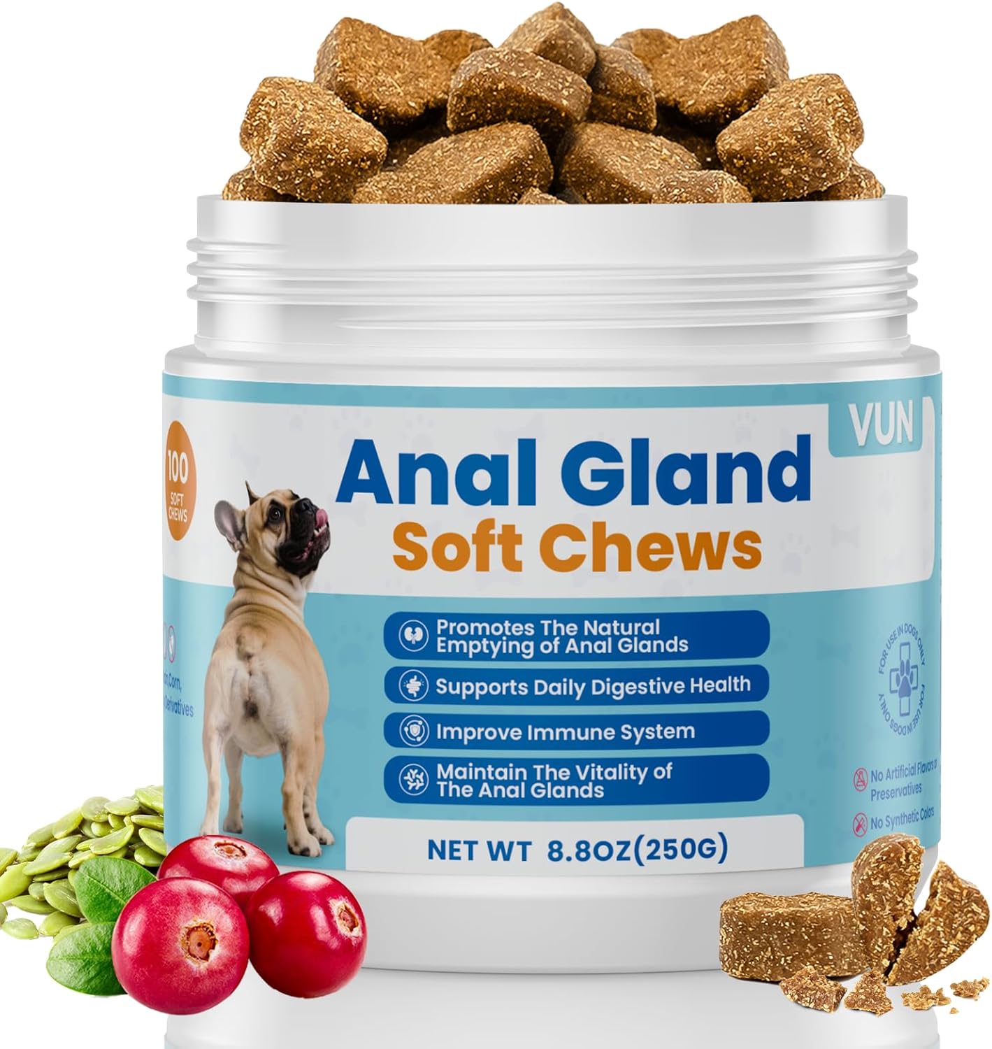 VUN Dog Anal Gland Chews,Stop Scoot Digestive Support with Pumpkin, Fiber & Probiotics,Anal Gland Relief for Dog,Scoot Relief & Healthy Bowel Function – 100 Chews