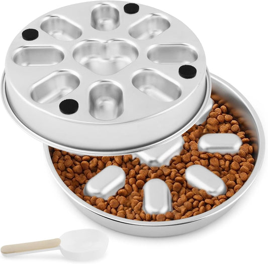 Slow Feeder Dog Bowls with Measuring Spoon, Stainless Steel Slow Feed Pet Bowl with Non-Slip Mat, Metal Feeder Dog Bowl for Small, Medium, Large Dogs to Slows Down Eating