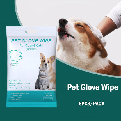Pet Glove Wipe for Dogs & Cats, Hypoallergenic, Rinse Free, Cleansing and Deodorizing, Cat & Dog Wipes for Paws and Butt, 6 PCS/Pack (2Pack)