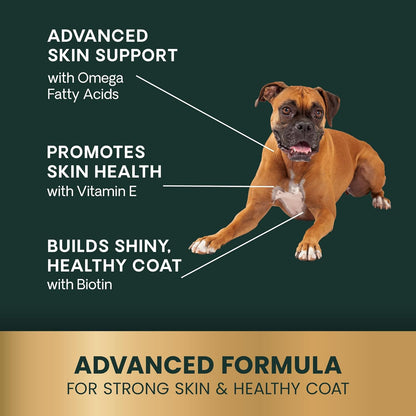 VetriScience Extra Strength Healthy Skin & Coat Chews, Omega Plus Supplement for Dogs, with Balanced Omega 3, 6, 9, Fish Oil and Biotin, Skin Health, Coat Growth and Shine, Duck, 40 Count