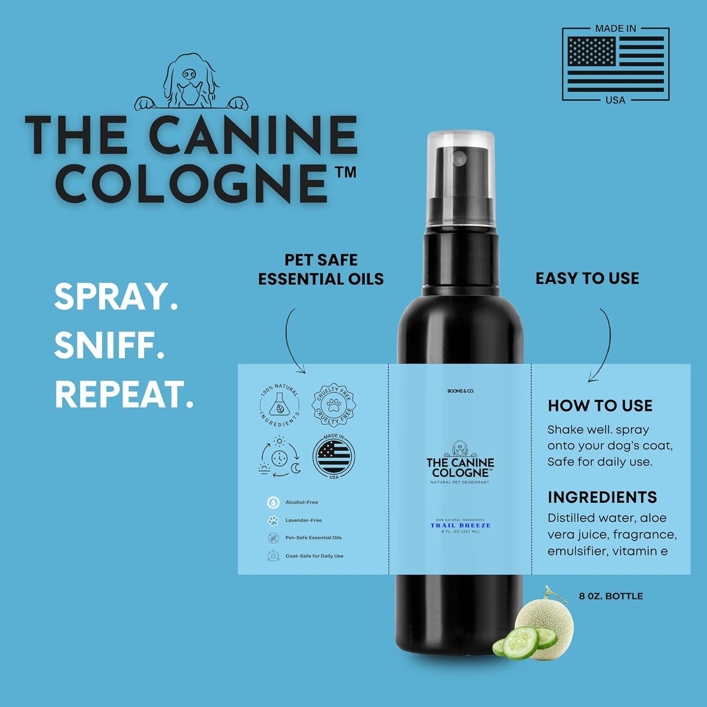 Boone & Co. Canine Cologne Spray for Dogs – 8 oz | Pet-Safe Dog Deodorizer & Grooming Spray | Clean Ingredients, Long-Lasting Scent | Made in USA | 3 Signature Scents (Trail Breeze)