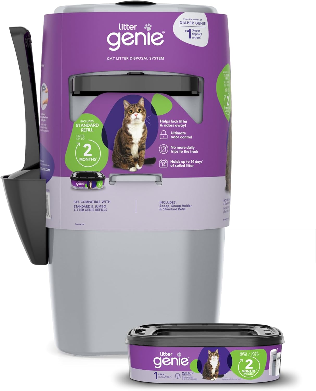Litter Genie Standard Pail (Silver) | Cat Litter Box Waste Disposal System for Odor Control | Includes 1 Square Refill Bag