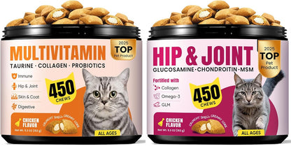 Cat Vitamin Treats with L-Lysine and Taurine for Daily Immune Health & Cat Joint Supplement with Glucosamine for Mobility & Flexibility Support -450 Chews