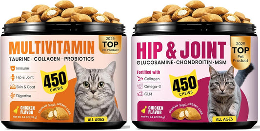 Cat Vitamin Treats with L-Lysine and Taurine for Daily Immune Health & Cat Joint Supplement with Glucosamine for Mobility & Flexibility Support -450 Chews