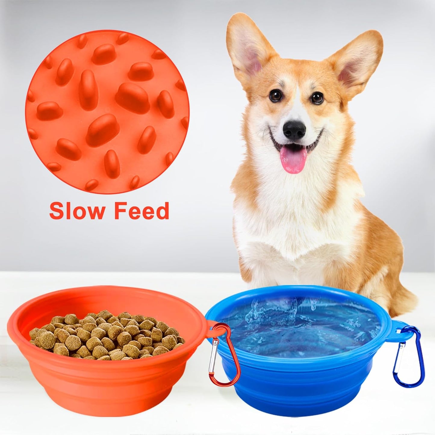 Large Collapsible Dog Bowls (34oz), 1 Pack Pet Travel Foldable Bowl and Slow Feeding Frisbee with Carabiners, Healthy, Soft Silicone, Portable Essential Set for Walking, Travel, and Hiking (Orange)