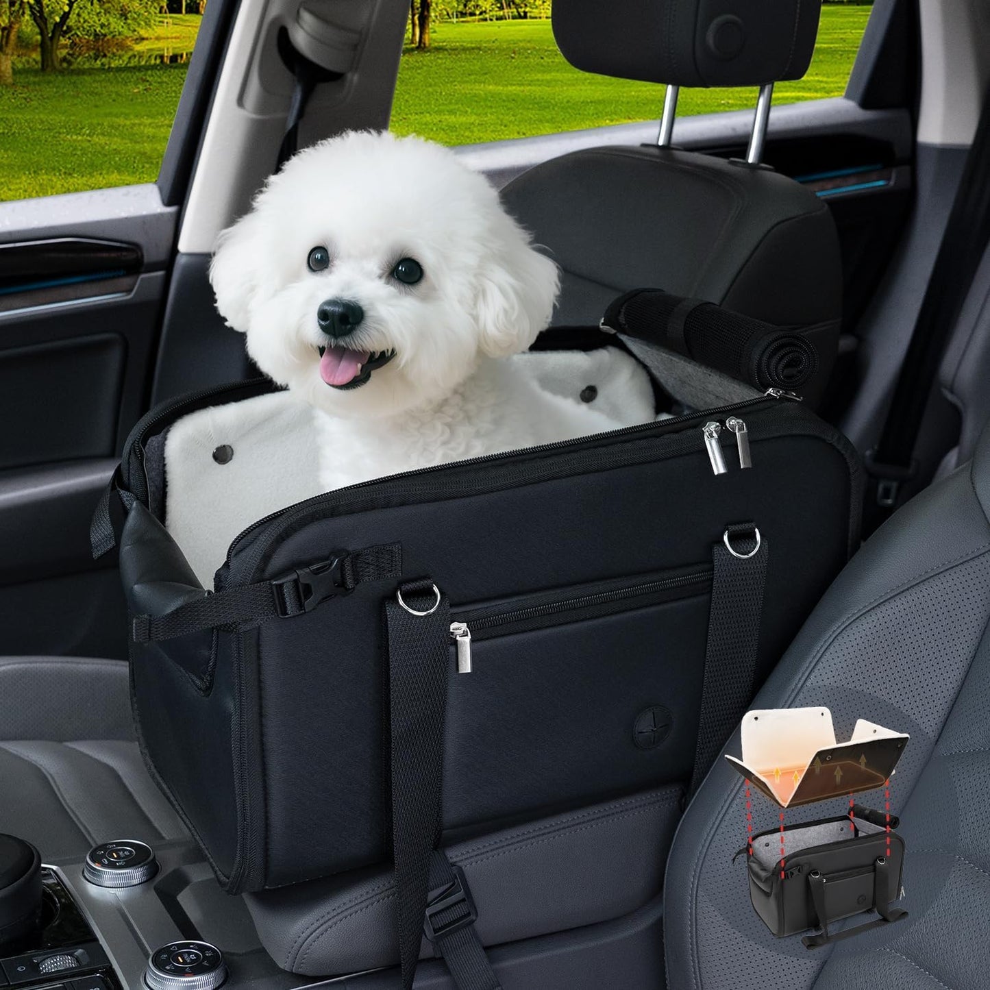 YUDODO 18lbs Dog Car Seat (Width >9in) for Small Dog Large Center Console with Removable Velvet Cushion Luxury Puppy Cat Travel Portable Booster Seat Anti-Slip Pet Car Bed Carseat PU Leather Black