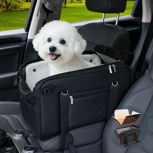 YUDODO 18lbs Dog Car Seat (Width >9in) for Small Dog Large Center Console with Removable Velvet Cushion Luxury Puppy Cat Travel Portable Booster Seat Anti-Slip Pet Car Bed Carseat PU Leather Black