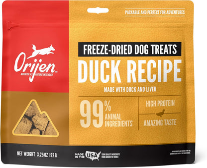 ORIJEN Grain Free High Protein Freeze Dried Dog Treats Free Run Duck Recipe 3.25oz Bag