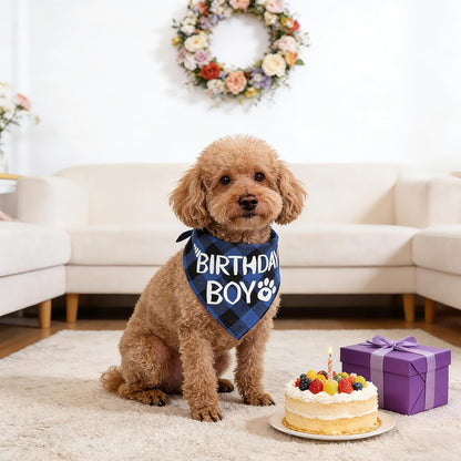 Dog Birthday Bandana, Blue Boy Dog Birthday Boy Bandana Blue Plaid Boys Pet Bandanas Dogs Birthdays Party Supplies for Small Medium Large Dogs Pets (Large)