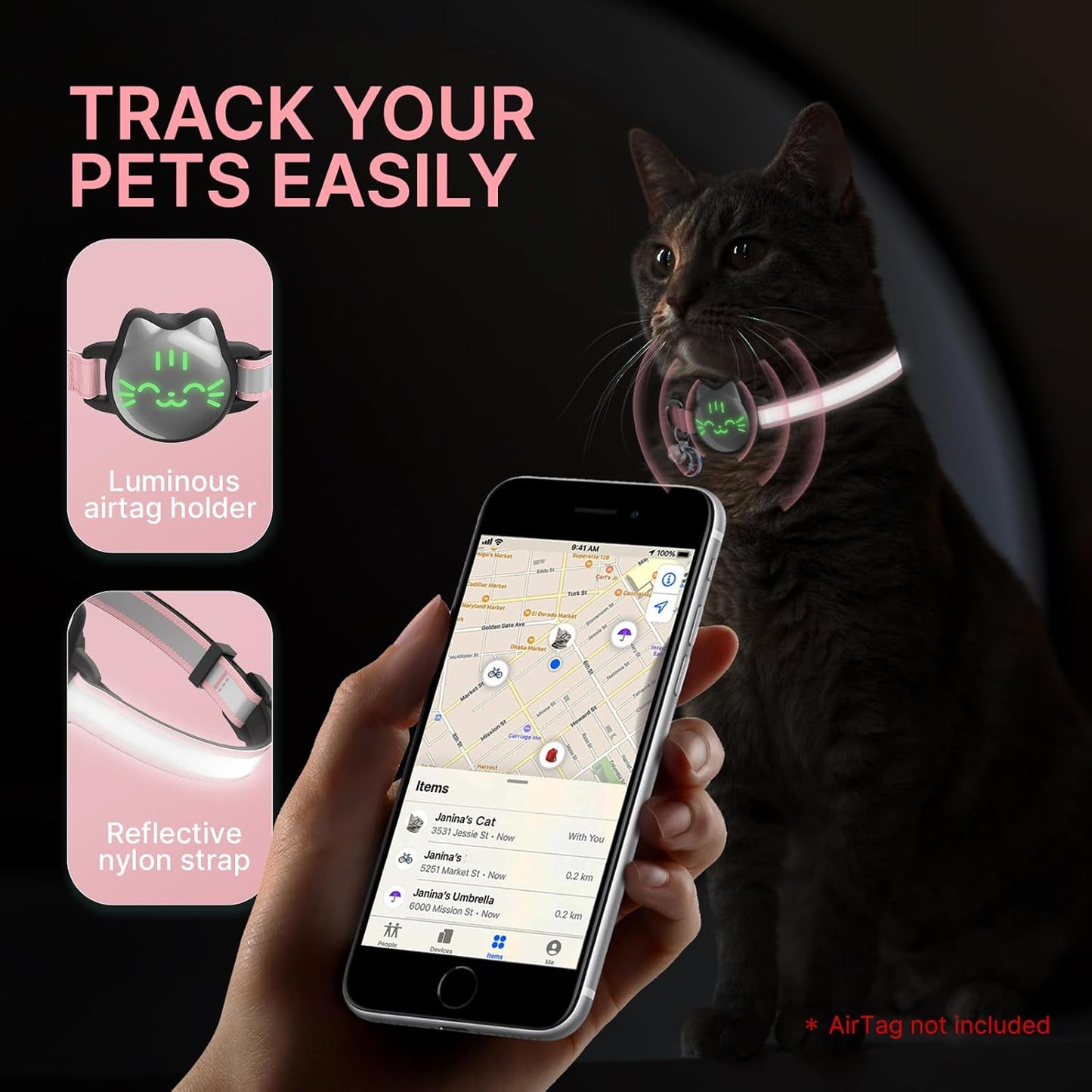 Cat Collar with Airtag Holder, Breakaway Cat Airtag Collar with Reflective Strap, Lightweight Kitten Collar for Apple Air tag, Hidden GPS Tracker Holder for Boy Girl Cats, Kittens, Puppies (9-13")