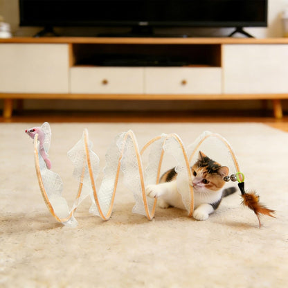 Andiker Cat Tunnel Toy, 10inch Collapsible Metal Cat Spring Toy with Nylon Mesh, Feather, Mouse, and Bell, Interactive Cat Toys for Indoor Cats to Scratch, Puzzle, Relax and Kill Time (Mouse)