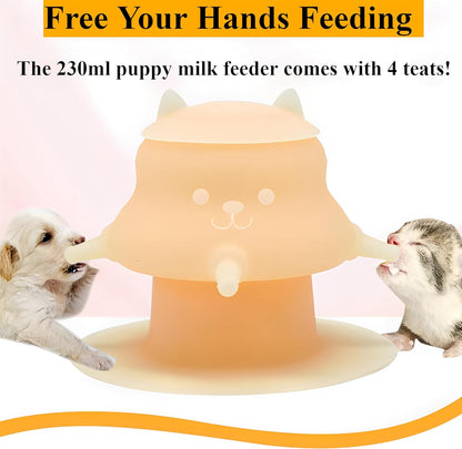 230ML Silicone Puppy Feeder for Multiple Puppies, Puppy Milk Feeder Puppy Bottles for Nursing Station with 4 Teats for Kittens, Puppies, Rabbits, Pigs Nursing Supplies (Pink)