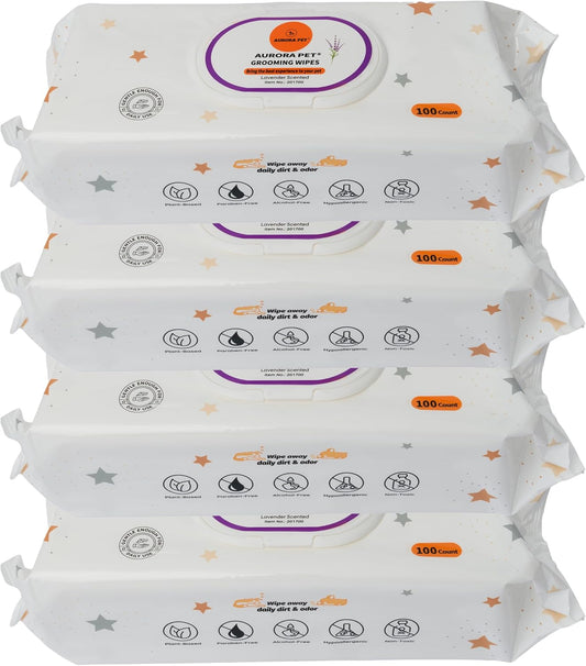 Aurora Pet Grooming Wipes – 400 Extra-Large Wipes for Dogs & Cats | Plant-Based, Hypoallergenic & All-Natural | Alcohol, Paraben & Sulfate-Free | Lavender Scent