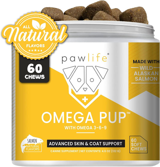Dog Fish Oil Supplements - 60 Omega 3 Fish Oil Dog Vitamins, Veterinarian Formulated Itching Relief for Dogs, Natural Omega 3 Fish Oil for Dogs, Dog Skin and Coat Supplement (Salmon Flavor)