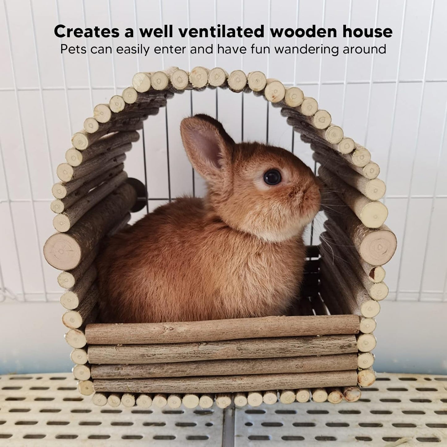 Wooden Rabbit House Hanging Hideout, Natural Wood Small Animal Hut, Well Ventilated Wooden Nest for Rabbit Chinchilla Guinea Pig, Safe Non Pet Habitat with Easy Install